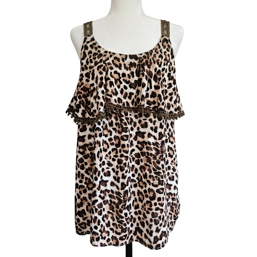 Suzanne Betro Tank Top Size L Leopard Print Y2K Sleeveless Ruffle Festival Boho‎